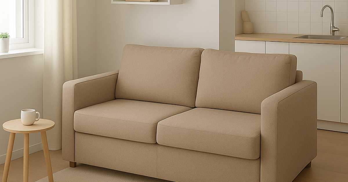 Small studio with sofa bed and foldable table. Small studio with sofa bed and foldable table.