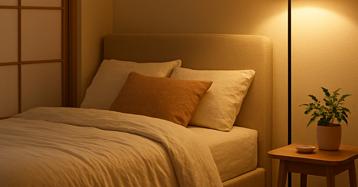 Small bedroom with cozy modern lighting. Small bedroom with cozy modern lighting.