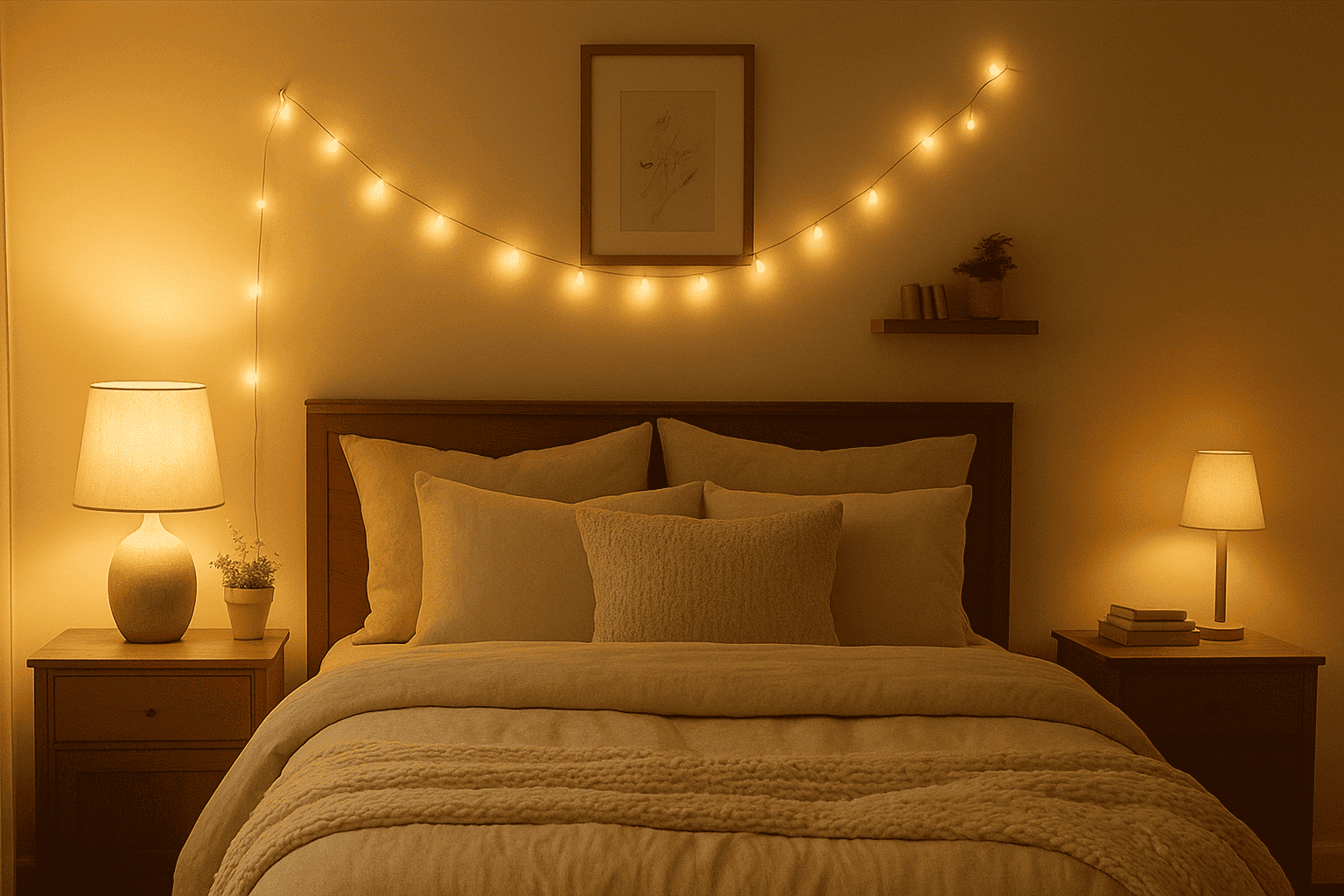 a cozy bedroom with layered bedding, neutral tones, and warm lighting a cozy bedroom with layered bedding, neutral tones, and warm lighting