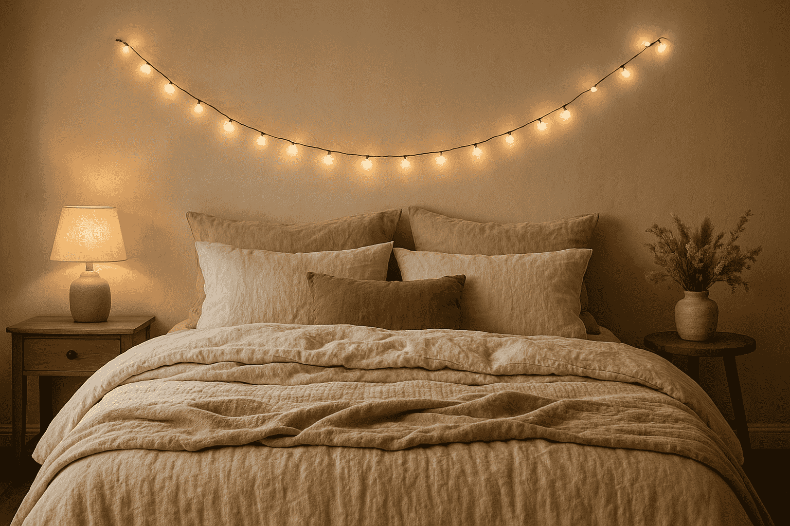 styled cozy bedroom with layered bedding and fairy lights styled cozy bedroom with layered bedding and fairy lights