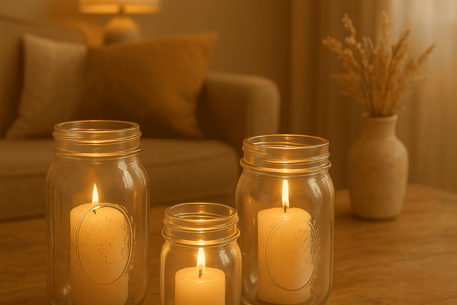 mason jar candle holders styled on a coffee table. Easy DIY Home Decor Projects Anyone Can Try