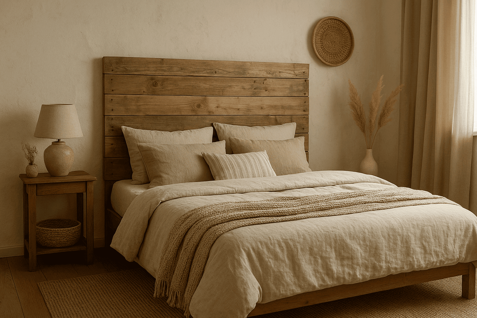 A cozy bedroom with a homemade headboard. A cozy bedroom with a homemade headboard.