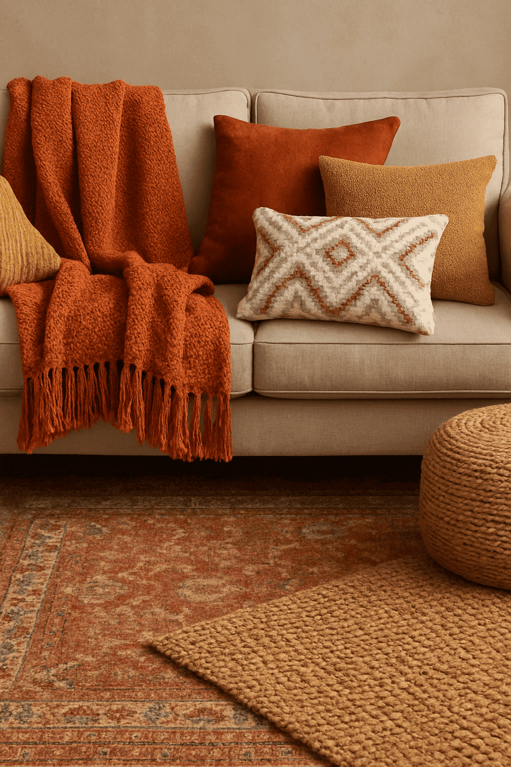 Layered textures — throw blankets, cushions, and rugs in autumn tones Layered textures — throw blankets, cushions, and rugs in autumn tones