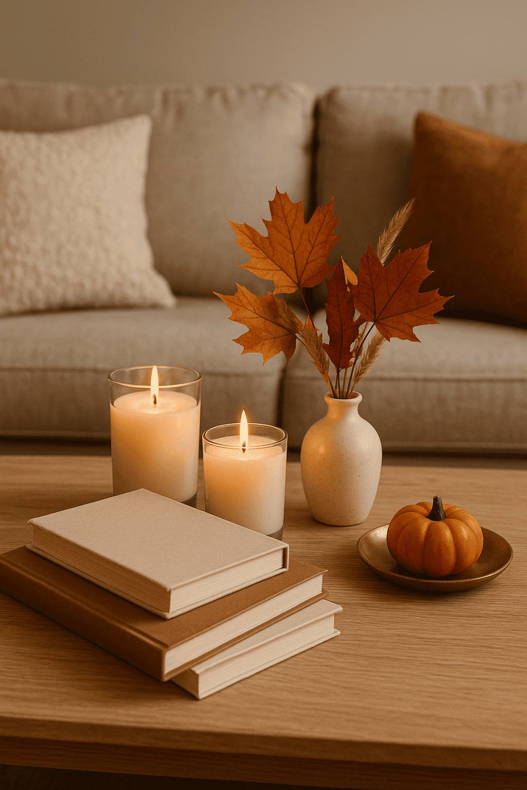 Styled coffee table with candles, books, and autumn decor Styled coffee table with candles, books, and autumn decor