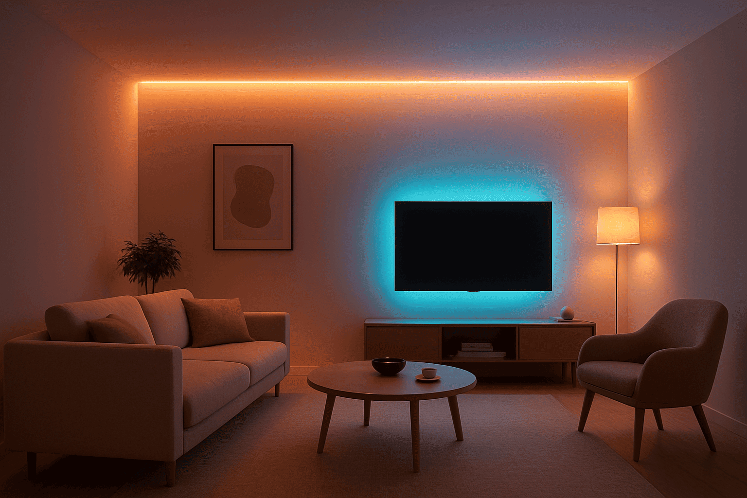 a cozy modern living room with ambient smart lighting and minimalist decor a smart home with ambient smart lighting and minimalist decor