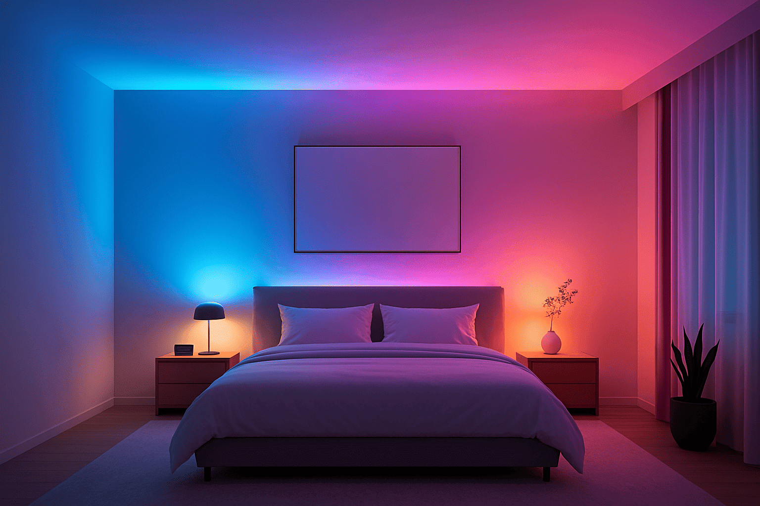 modern bedroom with color-adjustable LED lighting and minimalist decor modern bedroom with color-adjustable LED lighting and minimalist decor