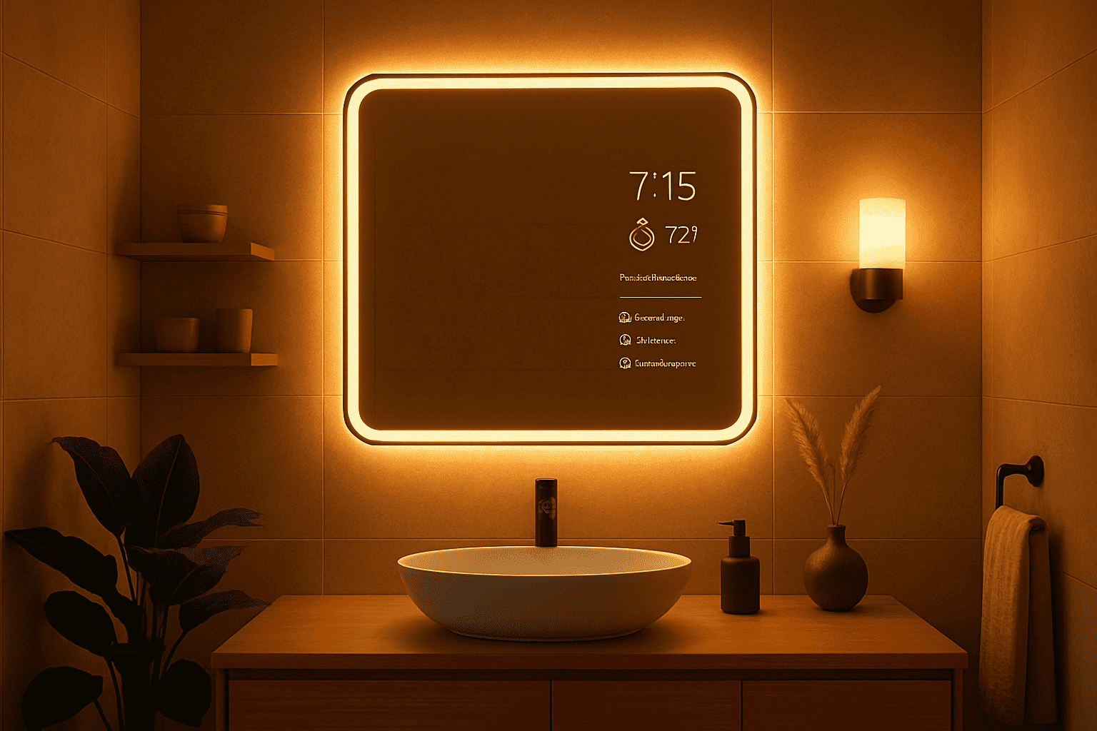 bathroom with a smart mirror and warm ambient lighting bathroom with a smart mirror and warm ambient lighting