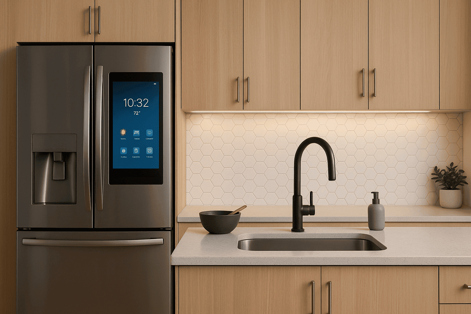 modern kitchen with smart fridge, touchless faucet, and LED under-cabinet lighting modern kitchen with smart fridge, touchless faucet, and LED under-cabinet lighting